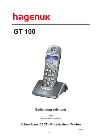 GT 100




          Bedienungsanleitung
                     und
              Sicherheitshinweise

 Schnurloses DECT - Grosstasten - Telefon
                                       AN V3

                     1
 