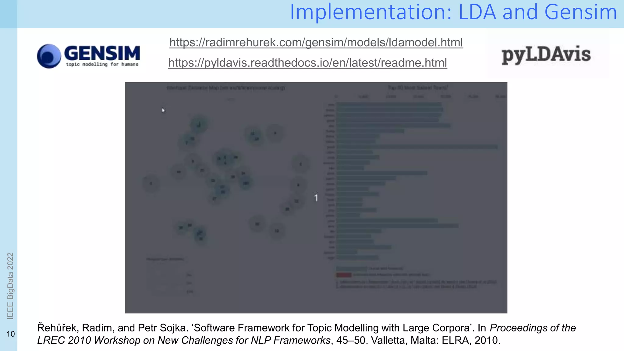10
Implementation: LDA and Gensim
https://radimrehurek.com/gensim/models/ldamodel.html
https://pyldavis.readthedocs.io/en/latest/readme.html
Řehůřek, Radim, and Petr Sojka. ‘Software Framework for Topic Modelling with Large Corpora’. In Proceedings of the
LREC 2010 Workshop on New Challenges for NLP Frameworks, 45–50. Valletta, Malta: ELRA, 2010.
IEEE
BigData
2022
 