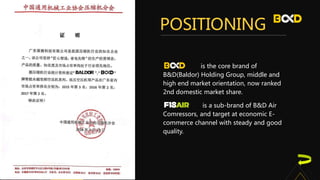 is a sub-brand of B&D Air
Comressors, and target at economic E-
commerce channel with steady and good
quality.
POSITIONING
is the core brand of
B&D(Baldor) Holding Group, middle and
high end market orientation, now ranked
2nd domestic market share.
 