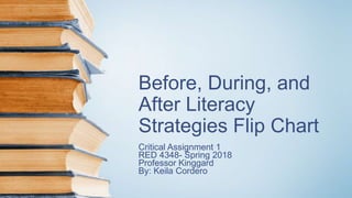 Before, During, and
After Literacy
Strategies Flip Chart
Critical Assignment 1
RED 4348- Spring 2018
Professor Kinggard
By: Keila Cordero
 