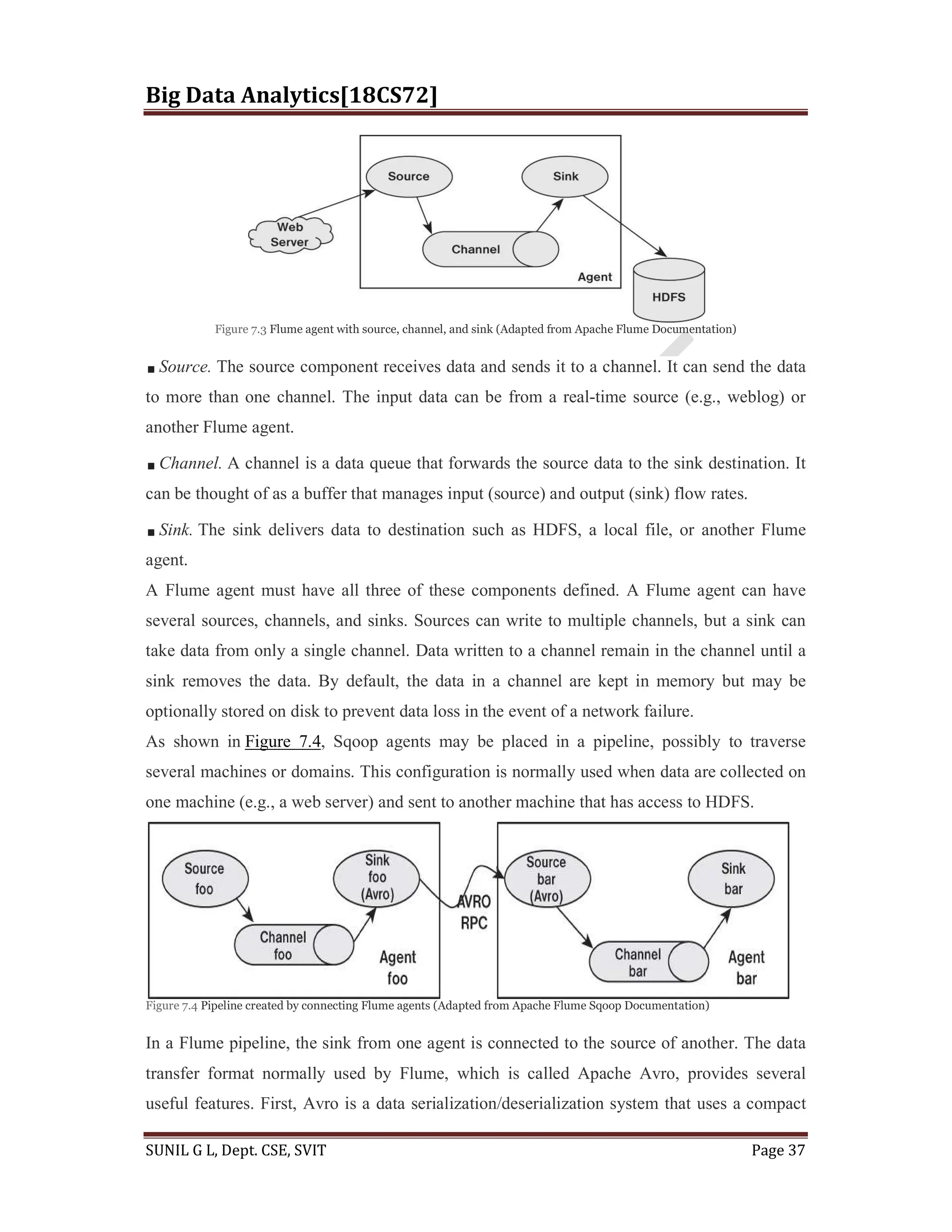 Big Data Analytics[18CS72]
SUNIL G L, Dept. CSE, SVIT Page 37
Figure 7.3 Flume agent with source, channel, and sink (Adapted from Apache Flume Documentation)
Source. The source component receives data and sends it to a channel. It can send the data
to more than one channel. The input data can be from a real-time source (e.g., weblog) or
another Flume agent.
Channel. A channel is a data queue that forwards the source data to the sink destination. It
can be thought of as a buffer that manages input (source) and output (sink) flow rates.
Sink. The sink delivers data to destination such as HDFS, a local file, or another Flume
agent.
A Flume agent must have all three of these components defined. A Flume agent can have
several sources, channels, and sinks. Sources can write to multiple channels, but a sink can
take data from only a single channel. Data written to a channel remain in the channel until a
sink removes the data. By default, the data in a channel are kept in memory but may be
optionally stored on disk to prevent data loss in the event of a network failure.
As shown in Figure 7.4, Sqoop agents may be placed in a pipeline, possibly to traverse
several machines or domains. This configuration is normally used when data are collected on
one machine (e.g., a web server) and sent to another machine that has access to HDFS.
Figure 7.4 Pipeline created by connecting Flume agents (Adapted from Apache Flume Sqoop Documentation)
In a Flume pipeline, the sink from one agent is connected to the source of another. The data
transfer format normally used by Flume, which is called Apache Avro, provides several
useful features. First, Avro is a data serialization/deserialization system that uses a compact
 