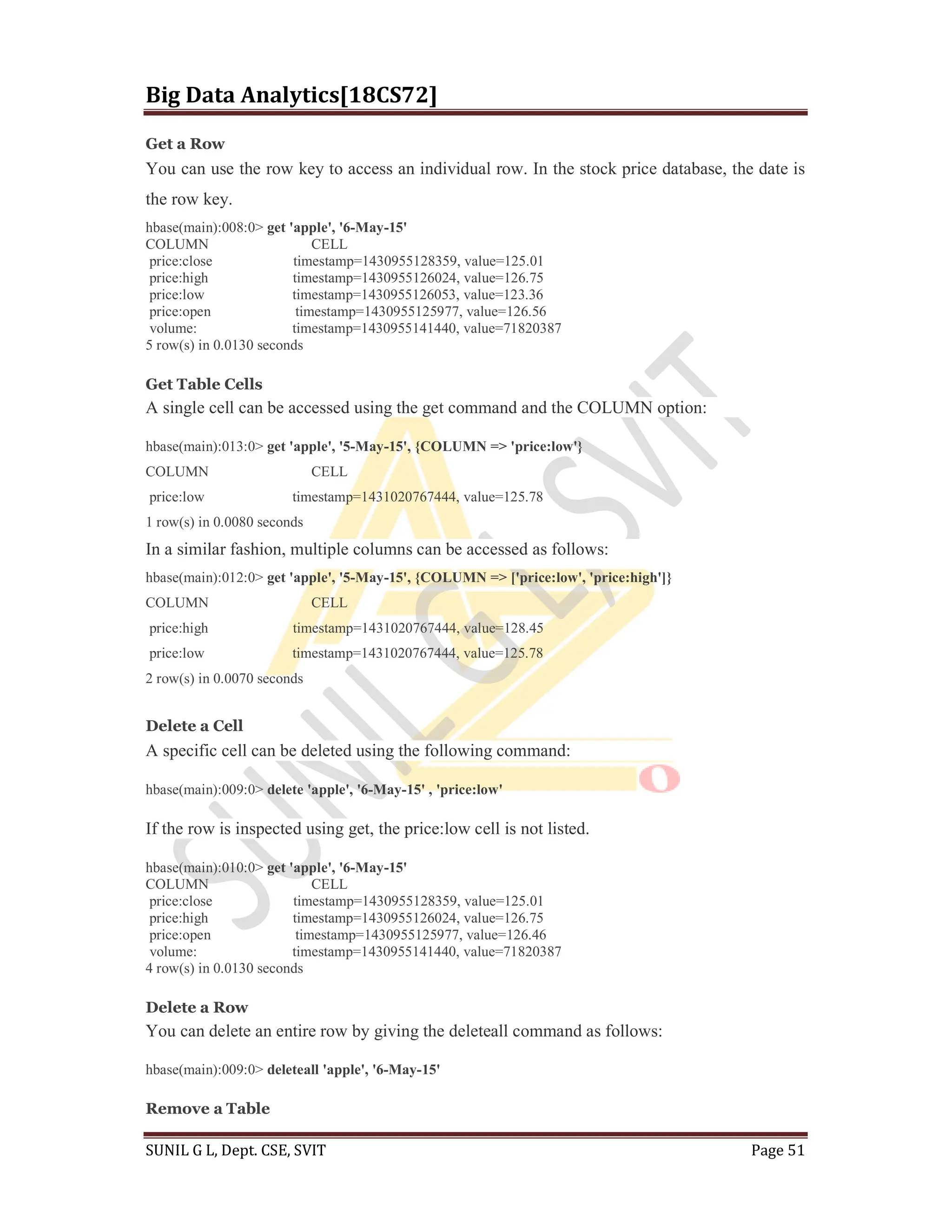Big Data Analytics[18CS72]
SUNIL G L, Dept. CSE, SVIT Page 51
Get a Row
You can use the row key to access an individual row. In the stock price database, the date is
the row key.
hbase(main):008:0> get 'apple', '6-May-15'
COLUMN CELL
price:close timestamp=1430955128359, value=125.01
price:high timestamp=1430955126024, value=126.75
price:low timestamp=1430955126053, value=123.36
price:open timestamp=1430955125977, value=126.56
volume: timestamp=1430955141440, value=71820387
5 row(s) in 0.0130 seconds
Get Table Cells
A single cell can be accessed using the get command and the COLUMN option:
hbase(main):013:0> get 'apple', '5-May-15', {COLUMN => 'price:low'}
COLUMN CELL
price:low timestamp=1431020767444, value=125.78
1 row(s) in 0.0080 seconds
In a similar fashion, multiple columns can be accessed as follows:
hbase(main):012:0> get 'apple', '5-May-15', {COLUMN => ['price:low', 'price:high']}
COLUMN CELL
price:high timestamp=1431020767444, value=128.45
price:low timestamp=1431020767444, value=125.78
2 row(s) in 0.0070 seconds
Delete a Cell
A specific cell can be deleted using the following command:
hbase(main):009:0> delete 'apple', '6-May-15' , 'price:low'
If the row is inspected using get, the price:low cell is not listed.
hbase(main):010:0> get 'apple', '6-May-15'
COLUMN CELL
price:close timestamp=1430955128359, value=125.01
price:high timestamp=1430955126024, value=126.75
price:open timestamp=1430955125977, value=126.46
volume: timestamp=1430955141440, value=71820387
4 row(s) in 0.0130 seconds
Delete a Row
You can delete an entire row by giving the deleteall command as follows:
hbase(main):009:0> deleteall 'apple', '6-May-15'
Remove a Table
 