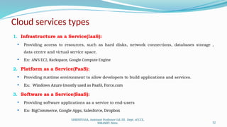 52
Cloud services types
1. Infrastructure as a Service(IaaS):
 Providing access to resources, such as hard disks, network connections, databases storage ,
data centre and virtual service space.
 Ex: AWS EC2, Rackspace, Google Compute Engine
2. Platform as a Service(PaaS):
 Providing runtime environment to allow developers to build applications and services.
 Ex: Windows Azure (mostly used as PaaS), Force.com
3. Software as a Service(SaaS):
 Providing software applications as a service to end-users
 Ex: BigCommerce, Google Apps, Salesforce, Dropbox
SHRINIVASA, Assistant Professor Gd.-III , Dept. of CCE,
NMAMIT, Nitte.
 