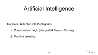 Artificial Intelligence 
Traditional AI broken into 2 categories 
1. Computational Logic (this guy!) & Search+Planning 
2. Machine Learning 
14 
 