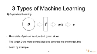 3 Types of Machine Learning 
1) Supervised Learning 
D f m(i) o 
• D consists of pairs of input, output types: <i, o> 
• The larger D the more generalized and accurate the end model m is 
• Learn by example 
19 
 