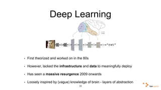 Deep Learning 
• First theorized and worked on in the 80s 
• However, lacked the infrastructure and data to meaningfully deploy 
• Has seen a massive resurgence 2009 onwards 
• Loosely inspired by (vague) knowledge of brain - layers of abstraction 
23 
 