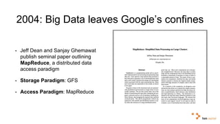 2004: Big Data leaves Google’s confines 
• Jeff Dean and Sanjay Ghemawat 
publish seminal paper outlining 
MapReduce, a distributed data 
access paradigm 
• Storage Paradigm: GFS 
• Access Paradigm: MapReduce 
 