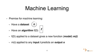 Machine Learning 
• Premise for machine learning: 
• Have a dataset 
• Have an algorithm f(D) 
• f(D) applied to a dataset...