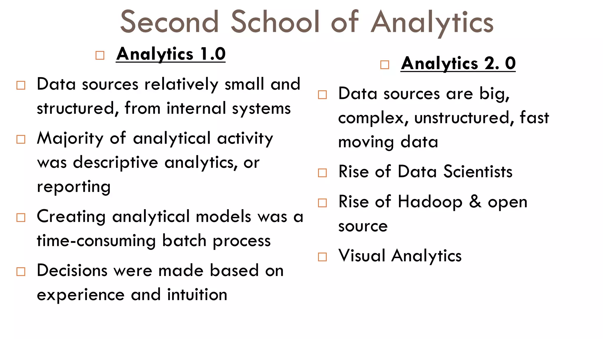 Second School of Analytics
 Analytics 1.0
 Data sources relatively small and
structured, from internal systems
 Majority of analytical activity
was descriptive analytics, or
reporting
 Creating analytical models was a
time-consuming batch process
 Decisions were made based on
experience and intuition
 Analytics 2. 0
 Data sources are big,
complex, unstructured, fast
moving data
 Rise of Data Scientists
 Rise of Hadoop & open
source
 Visual Analytics
 