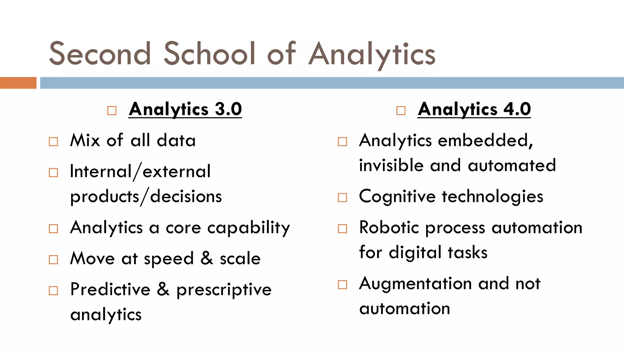 Second School of Analytics
 Analytics 3.0
 Mix of all data
 Internal/external
products/decisions
 Analytics a core capability
 Move at speed & scale
 Predictive & prescriptive
analytics
 Analytics 4.0
 Analytics embedded,
invisible and automated
 Cognitive technologies
 Robotic process automation
for digital tasks
 Augmentation and not
automation
 