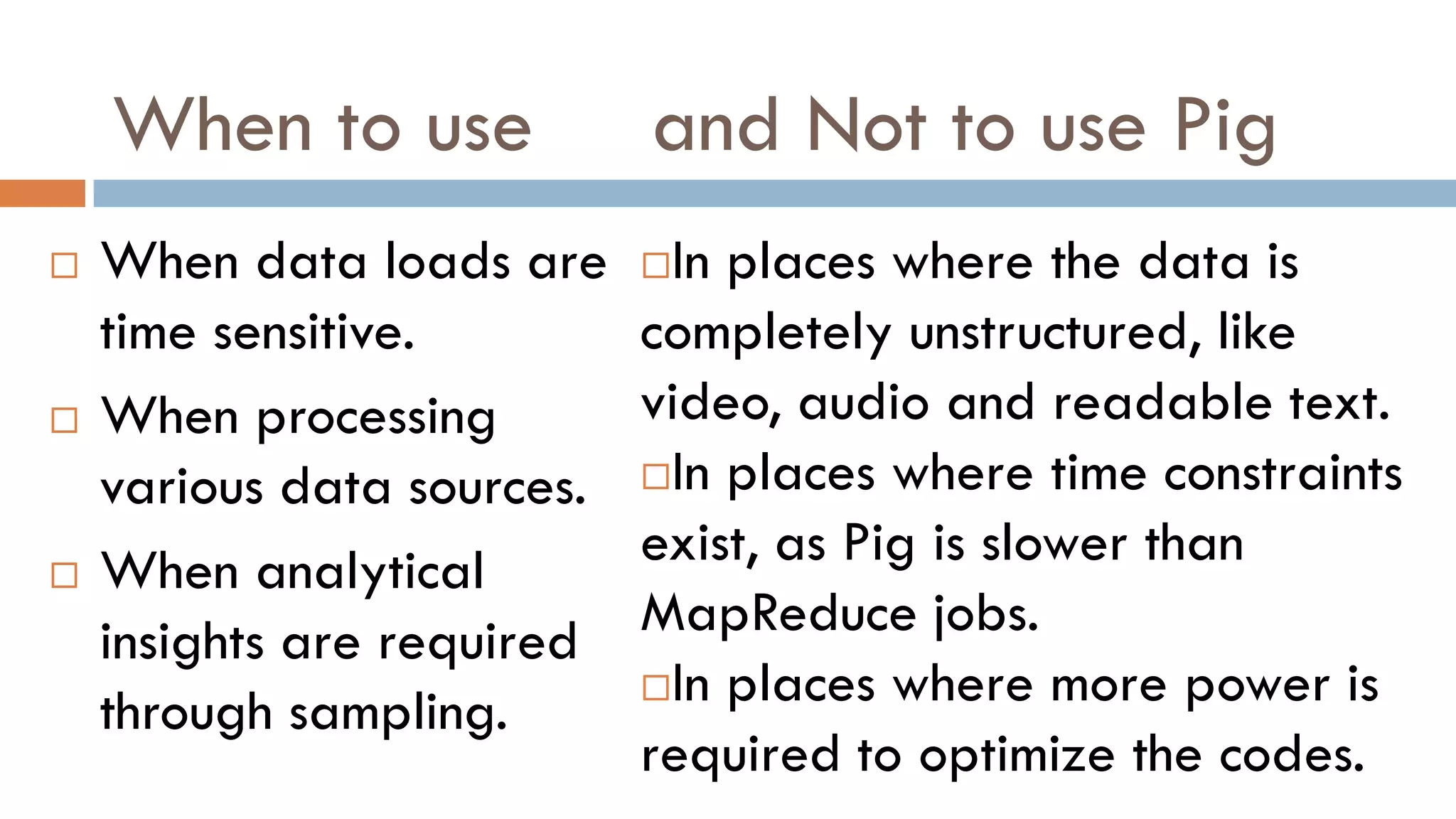 When to use and Not to use Pig
 When data loads are
time sensitive.
 When processing
various data sources.
 When analytical
insights are required
through sampling.
In places where the data is
completely unstructured, like
video, audio and readable text.
In places where time constraints
exist, as Pig is slower than
MapReduce jobs.
In places where more power is
required to optimize the codes.
 