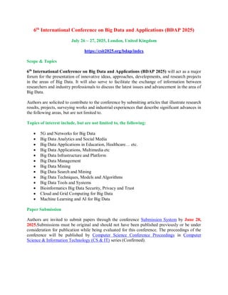 CFP : 6 th International Conference on Big Data and Applications (BDAP ...