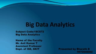 Subject Code:18CS72
Big Data Analytics
Name of the Faculty
Mr. Anil Kumar T
Assistant Professor
Dept. of ISE, SKIT Presented by Bharath B
1KT20IS002
 
