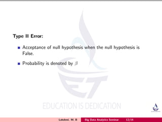 Type II Error:
Acceptance of null hypothesis when the null hypothesis is
False.
Probability is denoted by β
Lakshmi. M. B Big Data Analytics Seminar 12/14
 
