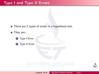 Type I and Type II Errors
There are 2 types of errors in a hypothesis test.
They are:-
1 Type I Error
2 Type II Error
Lakshmi. M. B Big Data Analytics Seminar 8/14
 