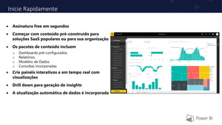 Inicie Rapidamente
 Assinatura free em segundos
 Começar com conteúdo pré-construído para
soluções SaaS populares ou para sua organização
 Os pacotes de conteúdo incluem
o Dashboards pré-configurados
o Relatórios
o Modelos de Dados
o Consultas incorporadas
 Crie painéis interativos e em tempo real com
visualizações
 Drill down para geração de insights
 A atualização automática de dados é incorporada
 