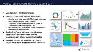 Veja os seus dados da maneira que você quer
 Visualize dados de várias maneiras
 Número crescente de tipos de visualização
• Donuts, basic area, waterfall, filled maps, tree maps,
funnel, gauges combo charts e outros
• Visuais personalizados disponíveis no Power BI
Visuals Gallery (visuals.powerbi.com)
• Ferramentas para desenvolver, testar e empacotar
novos visuais personalizados
 As visualizações na página de relatório estão
conectadas - selecione o valor em uma
visualização para alterar outras visualizações
 Modo de exibição em tela cheia para que os
visuais do relatório mostrem detalhes adicionais
 