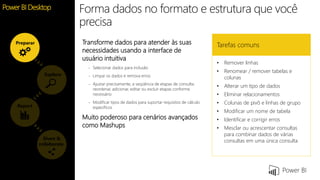 Feature
• Remover linhas
• Renomear / remover tabelas e
colunas
• Alterar um tipo de dados
• Eliminar relacionamentos
• Colunas de pivô e linhas de grupo
• Modificar um nome de tabela
• Identificar e corrigir erros
• Mesclar ou acrescentar consultas
para combinar dados de várias
consultas em uma única consulta
Tarefas comunsTransforme dados para atender às suas
necessidades usando a interface de
usuário intuitiva
− Selecionar dados para inclusão
− Limpar os dados e remova erros
− Ajustar precisamente, a seqüência de etapas de consulta:
reordenar, adicionar, editar ou excluir etapas conforme
necessário
− Modificar tipos de dados para suportar requisitos de cálculo
específicos
Muito poderoso para cenários avançados
como Mashups
Share &
collaborate
Report
Explore
Preparar
Forma dados no formato e estrutura que você
precisa
Power BI Desktop
 