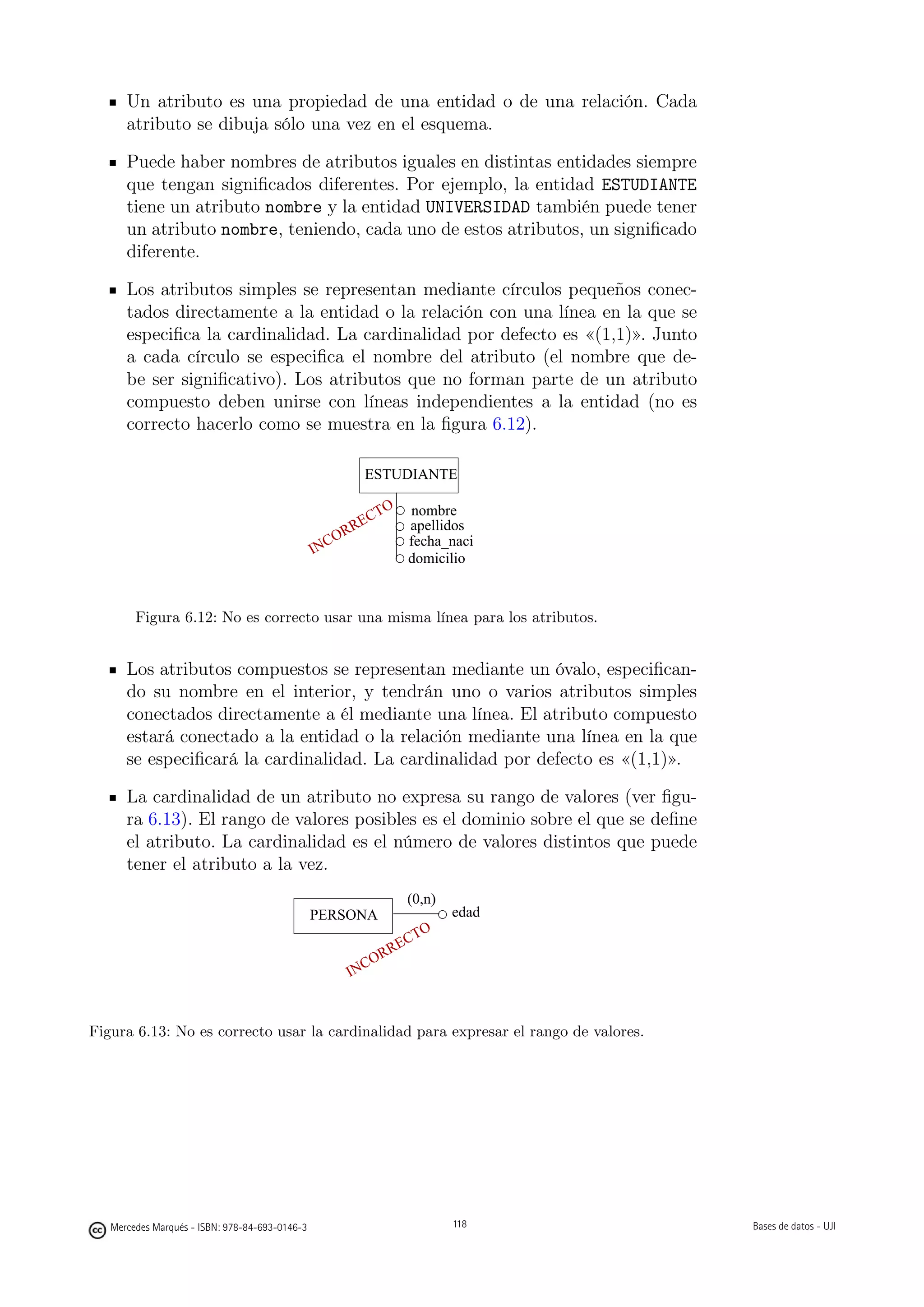 Un atributo es una propiedad de una entidad o de una relación. Cada
      atributo se dibuja sólo una vez en el esquema.

      Puede haber nombres de atributos iguales en distintas entidades siempre
      que tengan signiﬁcados diferentes. Por ejemplo, la entidad ESTUDIANTE
      tiene un atributo nombre y la entidad UNIVERSIDAD también puede tener
      un atributo nombre, teniendo, cada uno de estos atributos, un signiﬁcado
      diferente.

      Los atributos simples se representan mediante círculos pequeños conec-
      tados directamente a la entidad o la relación con una línea en la que se
      especiﬁca la cardinalidad. La cardinalidad por defecto es «(1,1)». Junto
      a cada círculo se especiﬁca el nombre del atributo (el nombre que de-
      be ser signiﬁcativo). Los atributos que no forman parte de un atributo
      compuesto deben unirse con líneas independientes a la entidad (no es
      correcto hacerlo como se muestra en la ﬁgura 6.12).

                                                            ESTUDIANTE

                                                              O       nombre
                                                        E   CT
                                                     RR               apellidos
                                                  CO                  fecha_nacim
                                                IN
                                                                      domicilio


        Figura 6.12: No es correcto usar una misma línea para los atributos.


      Los atributos compuestos se representan mediante un óvalo, especiﬁcan-
      do su nombre en el interior, y tendrán uno o varios atributos simples
      conectados directamente a él mediante una línea. El atributo compuesto
      estará conectado a la entidad o la relación mediante una línea en la que
      se especiﬁcará la cardinalidad. La cardinalidad por defecto es «(1,1)».

      La cardinalidad de un atributo no expresa su rango de valores (ver ﬁgu-
      ra 6.13). El rango de valores posibles es el dominio sobre el que se deﬁne
      el atributo. La cardinalidad es el número de valores distintos que puede
      tener el atributo a la vez.
                                                                      (0,n)
                                                PERSONA                       edad
                                                                   C   TO
                                                            R    RE
                                                         CO
                                                       IN


Figura 6.13: No es correcto usar la cardinalidad para expresar el rango de valores.




                                                             118




   Mercedes Marqués - ISBN: 978-84-693-0146-3                                 118     Bases de datos - UJI
 