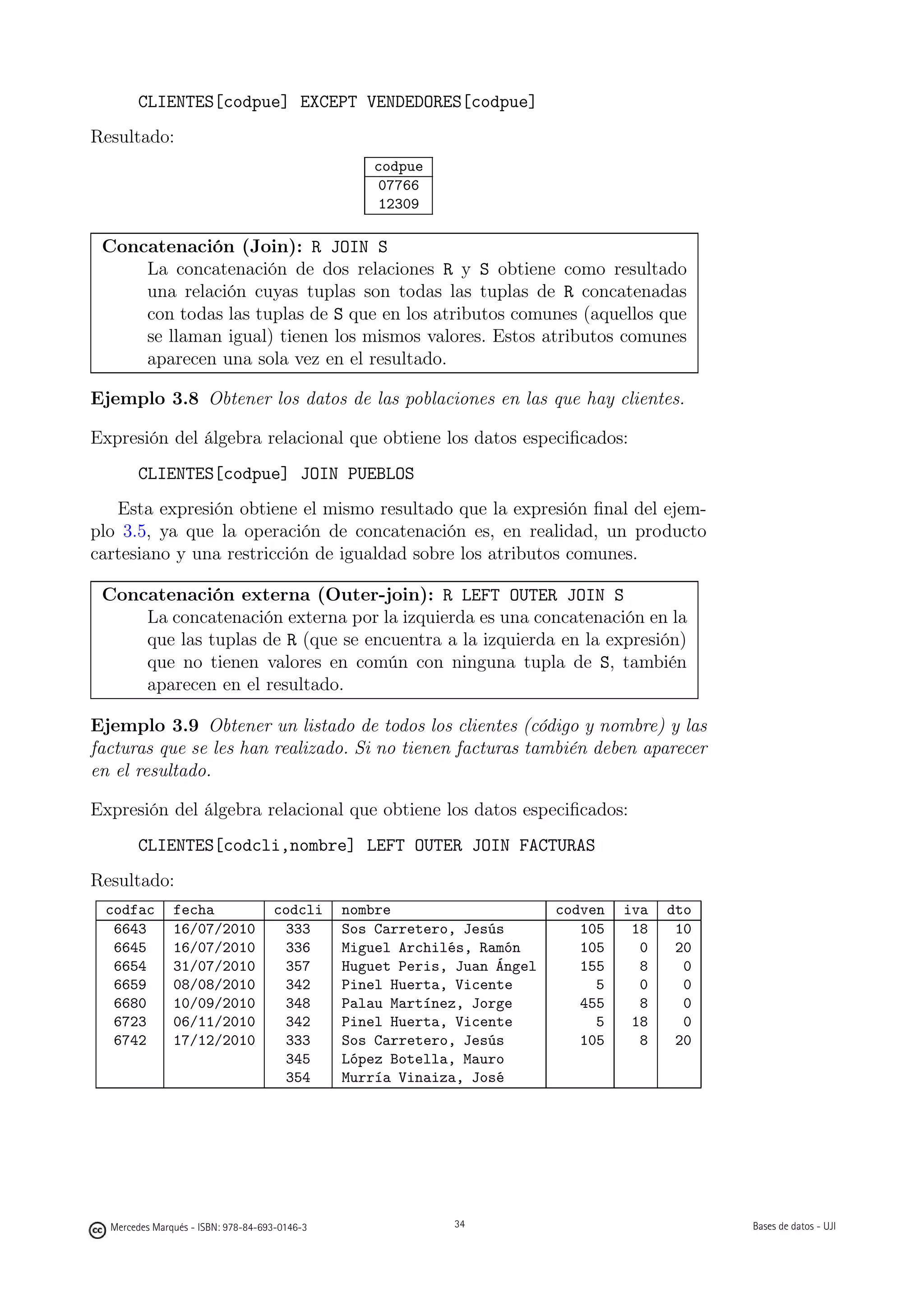 CLIENTES[codpue] EXCEPT VENDEDORES[codpue]
Resultado:
                                                  codpue
                                                  07766
                                                  12309

 Concatenación (Join): R JOIN S
     La concatenación de dos relaciones R y S obtiene como resultado
     una relación cuyas tuplas son todas las tuplas de R concatenadas
     con todas las tuplas de S que en los atributos comunes (aquellos que
     se llaman igual) tienen los mismos valores. Estos atributos comunes
     aparecen una sola vez en el resultado.

Ejemplo 3.8 Obtener los datos de las poblaciones en las que hay clientes.

Expresión del álgebra relacional que obtiene los datos especiﬁcados:
       CLIENTES[codpue] JOIN PUEBLOS
   Esta expresión obtiene el mismo resultado que la expresión ﬁnal del ejem-
plo 3.5, ya que la operación de concatenación es, en realidad, un producto
cartesiano y una restricción de igualdad sobre los atributos comunes.

 Concatenación externa (Outer-join): R LEFT OUTER JOIN S
     La concatenación externa por la izquierda es una concatenación en la
     que las tuplas de R (que se encuentra a la izquierda en la expresión)
     que no tienen valores en común con ninguna tupla de S, también
     aparecen en el resultado.

Ejemplo 3.9 Obtener un listado de todos los clientes (código y nombre) y las
facturas que se les han realizado. Si no tienen facturas también deben aparecer
en el resultado.

Expresión del álgebra relacional que obtiene los datos especiﬁcados:
       CLIENTES[codcli,nombre] LEFT OUTER JOIN FACTURAS
Resultado:
 codfac        fecha                codcli     nombre                     codven   iva   dto
  6643         16/07/2010            333       Sos Carretero, Jesús          105    18    10
  6645         16/07/2010            336       Miguel Archilés, Ramón        105     0    20
  6654         31/07/2010            357       Huguet Peris, Juan Ángel      155     8     0
  6659         08/08/2010            342       Pinel Huerta, Vicente           5     0     0
  6680         10/09/2010            348       Palau Martínez, Jorge         455     8     0
  6723         06/11/2010            342       Pinel Huerta, Vicente           5    18     0
  6742         17/12/2010            333       Sos Carretero, Jesús          105     8    20
                                     345       López Botella, Mauro
                                     354       Murría Vinaiza, José

                                                    34




  Mercedes Marqués - ISBN: 978-84-693-0146-3                34                                 Bases de datos - UJI
 