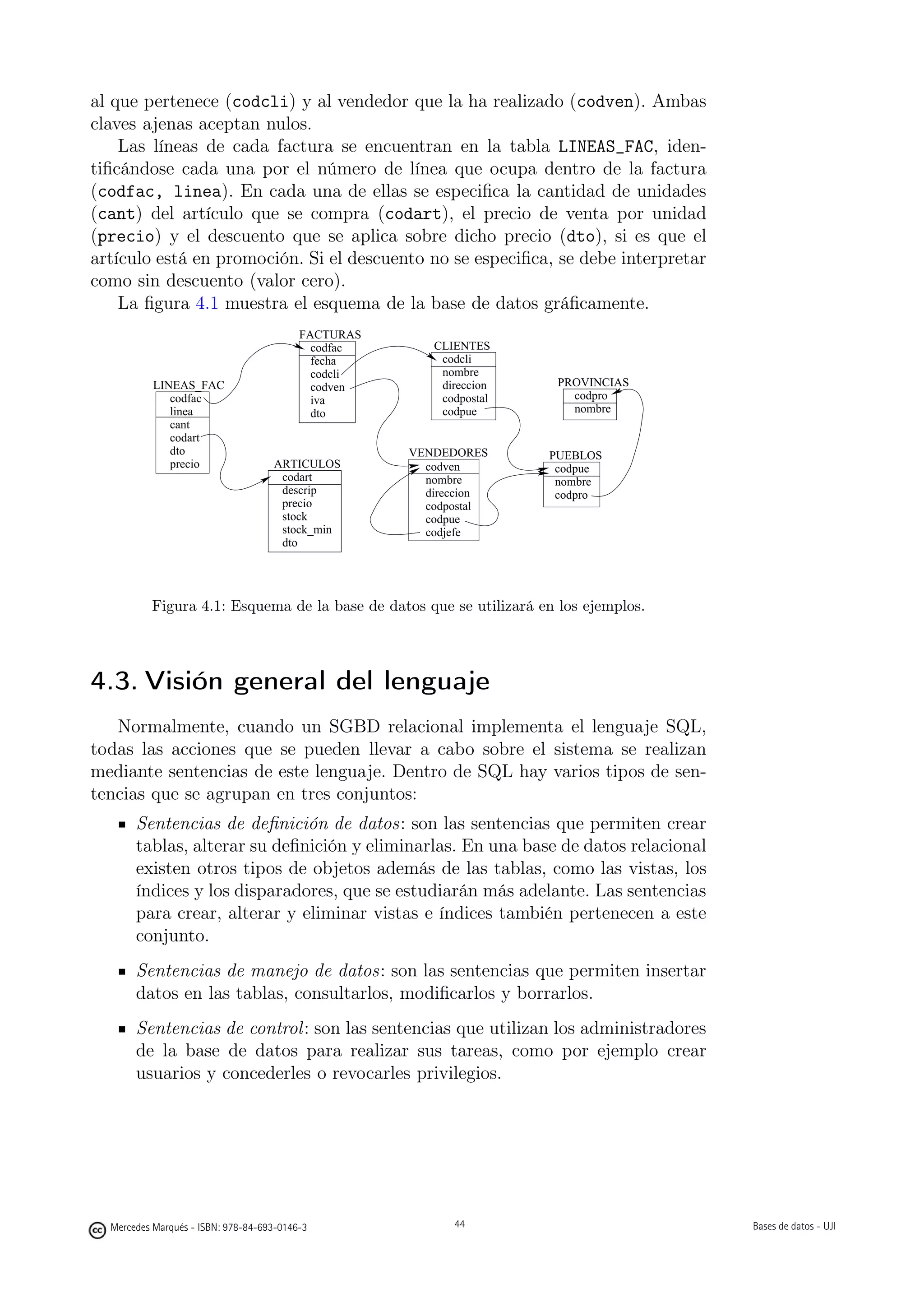 al que pertenece (codcli) y al vendedor que la ha realizado (codven). Ambas
claves ajenas aceptan nulos.
    Las líneas de cada factura se encuentran en la tabla LINEAS_FAC, iden-
tiﬁcándose cada una por el número de línea que ocupa dentro de la factura
(codfac, linea). En cada una de ellas se especiﬁca la cantidad de unidades
(cant) del artículo que se compra (codart), el precio de venta por unidad
(precio) y el descuento que se aplica sobre dicho precio (dto), si es que el
artículo está en promoción. Si el descuento no se especiﬁca, se debe interpretar
como sin descuento (valor cero).
    La ﬁgura 4.1 muestra el esquema de la base de datos gráﬁcamente.
                                          FACTURAS
                                            codfac           CLIENTES
                                            fecha             codcli
                                            codcli            nombre
           LINEAS_FAC                       codven            direccion    PROVINCIAS
              codfac                        iva               codpostal      codpro
              linea                         dto               codpue         nombre
              cant
              codart
              dto                                         VENDEDORES      PUEBLOS
              precio                ARTICULOS               codven         codpue
                                     codart                 nombre         nombre
                                     descrip                direccion      codpro
                                     precio                 codpostal
                                     stock                  codpue
                                     stock_min              codjefe
                                     dto




          Figura 4.1: Esquema de la base de datos que se utilizará en los ejemplos.




4.3. Visión general del lenguaje
   Normalmente, cuando un SGBD relacional implementa el lenguaje SQL,
todas las acciones que se pueden llevar a cabo sobre el sistema se realizan
mediante sentencias de este lenguaje. Dentro de SQL hay varios tipos de sen-
tencias que se agrupan en tres conjuntos:
       Sentencias de deﬁnición de datos: son las sentencias que permiten crear
       tablas, alterar su deﬁnición y eliminarlas. En una base de datos relacional
       existen otros tipos de objetos además de las tablas, como las vistas, los
       índices y los disparadores, que se estudiarán más adelante. Las sentencias
       para crear, alterar y eliminar vistas e índices también pertenecen a este
       conjunto.
       Sentencias de manejo de datos: son las sentencias que permiten insertar
       datos en las tablas, consultarlos, modiﬁcarlos y borrarlos.
       Sentencias de control: son las sentencias que utilizan los administradores
       de la base de datos para realizar sus tareas, como por ejemplo crear
       usuarios y concederles o revocarles privilegios.

                                                     44




  Mercedes Marqués - ISBN: 978-84-693-0146-3                    44                      Bases de datos - UJI
 