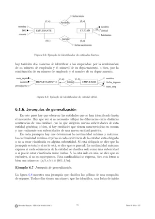 fecha inicio

                                    (1,n)                                 (0,n)
                                                residido
  nombre                                                                                     nombre
                                                                                     (0,1)
      DNI               ESTUDIANTE                                        CIUDAD             altitud
   carrera                                                                                   habitantes
                                                 nacido
                                    (0,1)                                 (0,n)
                                                                  fecha nacimiento


                      Figura 6.6: Ejemplo de identiﬁcador de entidades fuertes.


hay también dos maneras de identiﬁcar a los empleados: por la combinación
de su número de empleado y el número de su departamento, o bien, por la
combinación de su número de empleado y el nombre de su departamento.

num_depto                                      (1,n)              (1,1)                           nombre
    nombre              DEPARTAMENTO                    trabaja             EMPLEADO              fecha_ingreso
presupuesto                                                                                       num_emp



                        Figura 6.7: Ejemplo de identiﬁcador de entidad débil.




6.1.6. Jerarquías de generalización
    En este paso hay que observar las entidades que se han identiﬁcado hasta
el momento. Hay que ver si es necesario reﬂejar las diferencias entre distintas
ocurrencias de una entidad, con lo que surgirán nuevas subentidades de esta
entidad genérica; o bien, si hay entidades que tienen características en común
y que realmente son subentidades de una nueva entidad genérica.
    En cada jerarquía hay que determinar la cardinalidad mínima y máxima.
La cardinalidad mínima expresa si cada ocurrencia de la entidad está obligada
o no a estar clasiﬁcada en alguna subentidad. Si está obligada se dice que la
jerarquía es total y si no lo está, se dice que es parcial. La cardinalidad máxima
expresa si cada ocurrencia de la entidad se clasiﬁca sólo como una subentidad
o si puede estar clasiﬁcada como varias. Si lo está sólo en una, se dice que es
exclusiva, si no es superpuesta. Esta cardinalidad se expresa, bien con letras o
bien con números: (p/t, e/s) ≡ (0/1, 1/n).

Ejemplo 6.7 Jerarquía de generalización.

La ﬁgura 6.8 muestra una jerarquía que clasiﬁca las pólizas de una compañía
de seguros. Todas ellas tienen un número que las identiﬁca, una fecha de inicio

                                                       115




  Mercedes Marqués - ISBN: 978-84-693-0146-3                       115                                            Bases de datos - UJI
 