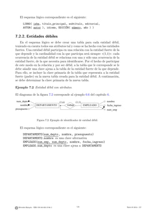 El esquema lógico correspondiente es el siguiente:

       LIBRO( isbn, título_principal, subtítulo, editorial,
       AUTOR( autor ), idioma, EDICIÓN( número, año ) )


7.2.2. Entidades débiles
    En el esquema lógico se debe crear una tabla para cada entidad débil,
teniendo en cuenta todos sus atributos tal y como se ha hecho con las entidades
fuertes. Una entidad débil participa en una relación con la entidad fuerte de la
que depende y la cardinalidad con la que participa será siempre «(1,1)»: cada
ocurrencia de la entidad débil se relaciona con una y sólo una ocurrencia de la
entidad fuerte, de la que necesita para identiﬁcarse. Por el hecho de participar
de este modo en la relación y por ser débil, a la tabla que le corresponde se le
debe añadir una clave ajena a la tabla de la entidad fuerte de la que depende.
Para ello, se incluye la clave primaria de la tabla que representa a la entidad
fuerte (padre) en la nueva tabla creada para la entidad débil. A continuación,
se debe determinar la clave primaria de la nueva tabla.

Ejemplo 7.2 Entidad débil con atributos.

El diagrama de la ﬁgura 7.2 corresponde al ejemplo 6.6 del capítulo 6.

num_depto                                      (1,n)              (1,1)              nombre
    nombre              DEPARTAMENTO                    trabaja           EMPLEADO   fecha_ingreso
presupuesto                                                                          num_emp



                        Figura 7.2: Ejemplo de identiﬁcador de entidad débil.

   El esquema lógico correspondiente es el siguiente:

       DEPARTAMENTO(num_depto, nombre, presupuesto)
       DEPARTAMENTO.nombre es una clave alternativa
       EMPLEADO(num_emp, num_depto, nombre, fecha_ingreso)
       EMPLEADO.num_depto es una clave ajena a DEPARTAMENTO




                                                       129




  Mercedes Marqués - ISBN: 978-84-693-0146-3                      129                                Bases de datos - UJI
 