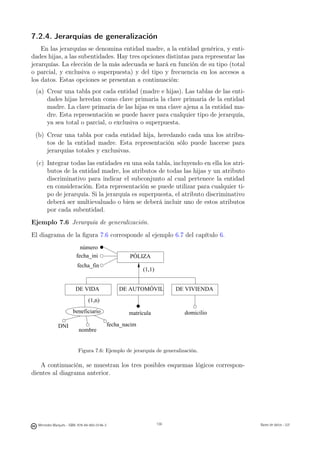 7.2.4. Jerarquías de generalización
    En las jerarquías se denomina entidad madre, a la entidad genérica, y enti-
dades hijas, a las subentidades. Hay tres opciones distintas para representar las
jerarquías. La elección de la más adecuada se hará en función de su tipo (total
o parcial, y exclusiva o superpuesta) y del tipo y frecuencia en los accesos a
los datos. Estas opciones se presentan a continuación:
 (a) Crear una tabla por cada entidad (madre e hijas). Las tablas de las enti-
     dades hijas heredan como clave primaria la clave primaria de la entidad
     madre. La clave primaria de las hijas es una clave ajena a la entidad ma-
     dre. Esta representación se puede hacer para cualquier tipo de jerarquía,
     ya sea total o parcial, o exclusiva o superpuesta.
 (b) Crear una tabla por cada entidad hija, heredando cada una los atribu-
     tos de la entidad madre. Esta representación sólo puede hacerse para
     jerarquías totales y exclusivas.
 (c) Integrar todas las entidades en una sola tabla, incluyendo en ella los atri-
     butos de la entidad madre, los atributos de todas las hijas y un atributo
     discriminativo para indicar el subconjunto al cual pertenece la entidad
     en consideración. Esta representación se puede utilizar para cualquier ti-
     po de jerarquía. Si la jerarquía es superpuesta, el atributo discriminativo
     deberá ser multievaluado o bien se deberá incluir uno de estos atributos
     por cada subentidad.
Ejemplo 7.6 Jerarquía de generalización.
El diagrama de la ﬁgura 7.6 corresponde al ejemplo 6.7 del capítulo 6.
                           número
                         fecha_ini                     PÓLIZA
                         fecha_fin
                                                              (1,1)


                         DE VIDA                   DE AUTOMÓVIL             DE VIVIENDA
                                (1,n)
                       beneficiario                    matrícula              domicilio

              DNI                              fecha_nacim
                          nombre


                          Figura 7.6: Ejemplo de jerarquía de generalización.

   A continuación, se muestran los tres posibles esquemas lógicos correspon-
dientes al diagrama anterior.

                                                        136




  Mercedes Marqués - ISBN: 978-84-693-0146-3                          136                 Bases de datos - UJI
 
