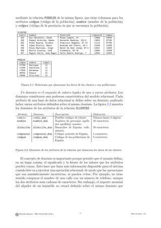mediante la relación PUEBLOS de la misma ﬁgura, que tiene columnas para los
atributos codpue (código de la población), nombre (nombre de la población)
y codpro (código de la provincia en que se encuentra la población).
 CLIENTES
   codcli      nombre                               dirección                   codpostal   codpue
     333       Sos Carretero, Jesús                 Mosen Compte, 14              12964      53596
     336       Miguel Archilés, Ramón               Bernardo Mundina, 132-5       12652      07766
     342       Pinel Huerta, Vicente                Francisco Sempere, 37-10      12112      07766
     345       López Botella, Mauro                 Avenida del Puerto, 20-1      12439      12309
     348       Palau Martínez, Jorge                Raval de Sant Josep, 97-2     12401      12309
     354       Murría Vinaiza, José                 Ciudadela, 90-18              12990      12309
     357       Huguet Peris, Juan Ángel             Calle Mestre Rodrigo, 7       12930      12309


 PUEBLOS
   codpue      nombre          codpro
    07766      Burriana          12
    12309      Castellón         12
    17859      Enramona          12
    46332      Soneja            12
    53596      Vila-real         12



     Figura 2.1: Relaciones que almacenan los datos de los clientes y sus poblaciones.

    Un dominio es el conjunto de valores legales de uno o varios atributos. Los
dominios constituyen una poderosa característica del modelo relacional. Cada
atributo de una base de datos relacional se deﬁne sobre un dominio, pudiendo
haber varios atributos deﬁnidos sobre el mismo dominio. La ﬁgura 2.2 muestra
los dominios de los atributos de la relación CLIENTES.
 Atributo           Dominio                     Descripción                     Deﬁnición
 codcli             codli_dom                   Posibles códigos de cliente.    Número hasta 5 dígitos.
 nombre             nombre_dom                  Nombres de personas: apelli-    50 caracteres.
                                                do1 apellido2, nombre.
 dirección          dirección_dom               Domicilios de España: calle,    50 caracteres.
                                                número.
 codpostal          codpostal_dom               Códigos postales de España.     5 caracteres.
 codpue             codpue_dom                  Códigos de las poblaciones de   5 caracteres.
                                                España.


Figura 2.2: Dominios de los atributos de la relación que almacena los datos de los clientes.


    El concepto de dominio es importante porque permite que el usuario deﬁna,
en un lugar común, el signiﬁcado y la fuente de los valores que los atributos
pueden tomar. Esto hace que haya más información disponible para el sistema
cuando éste va a ejecutar una operación relacional, de modo que las operaciones
que son semánticamente incorrectas, se pueden evitar. Por ejemplo, no tiene
sentido comparar el nombre de una calle con un número de teléfono, aunque
los dos atributos sean cadenas de caracteres. Sin embargo, el importe mensual
del alquiler de un inmueble no estará deﬁnido sobre el mismo dominio que

                                                          17




   Mercedes Marqués - ISBN: 978-84-693-0146-3                        17                                   Bases de datos - UJI
 