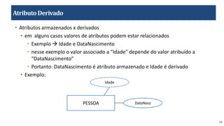 16
AtributoDerivado
• Atributos armazenados x derivados
• em alguns casos valores de atributos podem estar relacionados
• Exemplo → Idade e DataNascimento
• nesse exemplo o valor associado a “Idade” depende do valor atribuído a
“DataNascimento”
• Portanto: DataNascimento é atributo armazenado e Idade é derivado
• Exemplo:
PESSOA
Idade
DataNasc
 