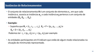18
Instânciasde Relacionamentos
• O conjunto de relacionamentos R é um conjunto de elementos ri , em que cada
instância ri associa as instâncias ej , e cada instância ej pertence a um conjunto de
entidades (E1, E2, ..., Em).
• Exemplo:
• Suponha que Ri = {r1, r2, ..., rm}, E1 = P = {p1, p2, ..., pk} e
E2 = D = {d1, d2, ..., dn}
Podemos ter r1 = (p1, d2) e r2 = (p3, d2) por exemplo
• As entidades participantes em R indicam que estão de algum modo relacionadas na
situação do minimundo representado.
 