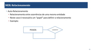 21
MER:Relacionamento
• Auto-Relacionamento
• Relacionamento entre ocorrências de uma mesma entidade
• Neste caso é necessário um “papel” para definir o relacionamento
• Exemplo:
PESSOA CASAMENTO
 