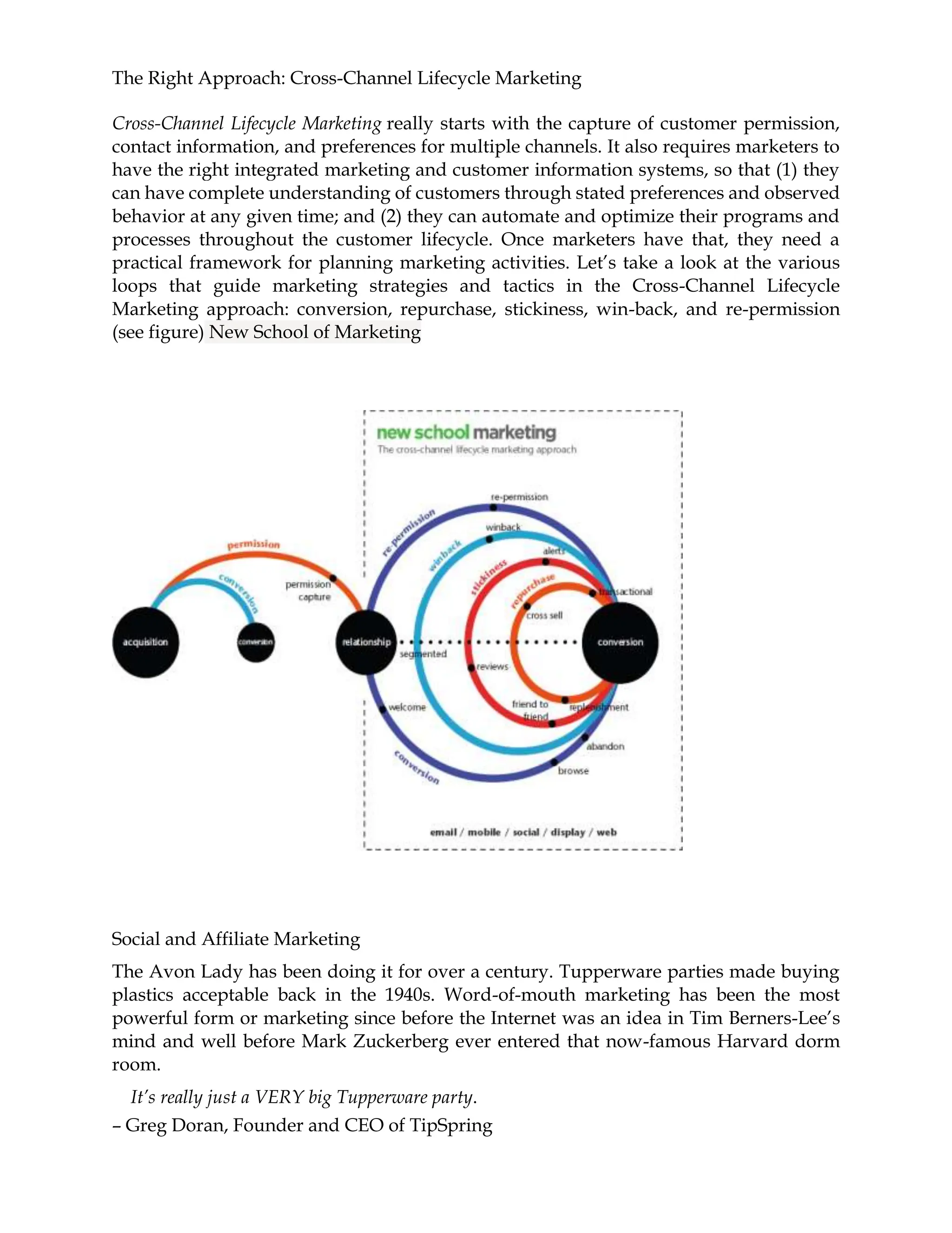 The Right Approach: Cross-Channel Lifecycle Marketing
Cross-Channel Lifecycle Marketing really starts with the capture of customer permission,
contact information, and preferences for multiple channels. It also requires marketers to
have the right integrated marketing and customer information systems, so that (1) they
can have complete understanding of customers through stated preferences and observed
behavior at any given time; and (2) they can automate and optimize their programs and
processes throughout the customer lifecycle. Once marketers have that, they need a
practical framework for planning marketing activities. Let’s take a look at the various
loops that guide marketing strategies and tactics in the Cross-Channel Lifecycle
Marketing approach: conversion, repurchase, stickiness, win-back, and re-permission
(see figure) New School of Marketing
Social and Affiliate Marketing
The Avon Lady has been doing it for over a century. Tupperware parties made buying
plastics acceptable back in the 1940s. Word-of-mouth marketing has been the most
powerful form or marketing since before the Internet was an idea in Tim Berners-Lee’s
mind and well before Mark Zuckerberg ever entered that now-famous Harvard dorm
room.
It’s really just a VERY big Tupperware party.
– Greg Doran, Founder and CEO of TipSpring
 