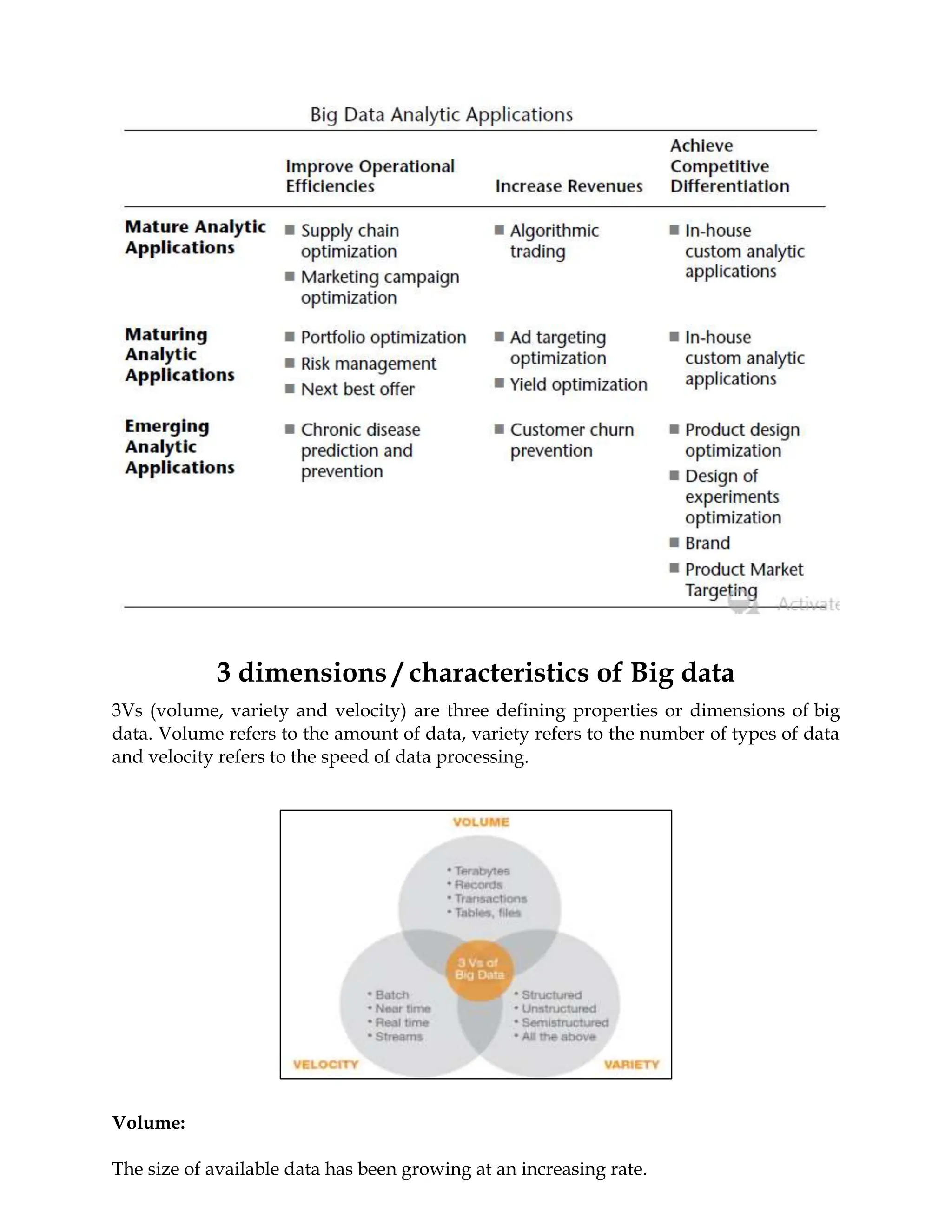 3 dimensions / characteristics of Big data
3Vs (volume, variety and velocity) are three defining properties or dimensions of big
data. Volume refers to the amount of data, variety refers to the number of types of data
and velocity refers to the speed of data processing.
Volume:
The size of available data has been growing at an increasing rate.
 
