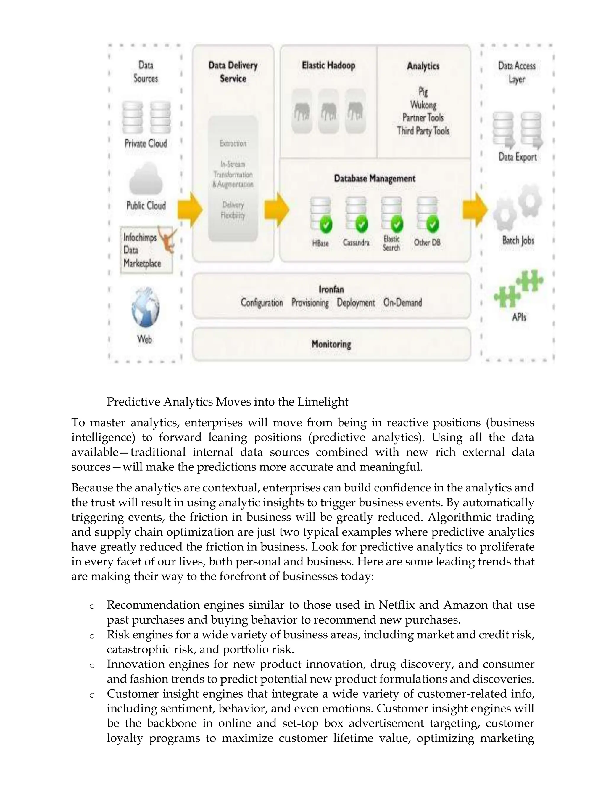 Predictive Analytics Moves into the Limelight
To master analytics, enterprises will move from being in reactive positions (business
intelligence) to forward leaning positions (predictive analytics). Using all the data
available—traditional internal data sources combined with new rich external data
sources—will make the predictions more accurate and meaningful.
Because the analytics are contextual, enterprises can build confidence in the analytics and
the trust will result in using analytic insights to trigger business events. By automatically
triggering events, the friction in business will be greatly reduced. Algorithmic trading
and supply chain optimization are just two typical examples where predictive analytics
have greatly reduced the friction in business. Look for predictive analytics to proliferate
in every facet of our lives, both personal and business. Here are some leading trends that
are making their way to the forefront of businesses today:
o Recommendation engines similar to those used in Netflix and Amazon that use
past purchases and buying behavior to recommend new purchases.
o Risk engines for a wide variety of business areas, including market and credit risk,
catastrophic risk, and portfolio risk.
o Innovation engines for new product innovation, drug discovery, and consumer
and fashion trends to predict potential new product formulations and discoveries.
o Customer insight engines that integrate a wide variety of customer-related info,
including sentiment, behavior, and even emotions. Customer insight engines will
be the backbone in online and set-top box advertisement targeting, customer
loyalty programs to maximize customer lifetime value, optimizing marketing
 