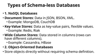Types of Schema-less Databases
• 1. NoSQL Databases
• Document Stores: Data in JSON, BSON, XML.
• Example: MongoDB, CouchDB
• Key-Value Stores: Data as key-value pairs, flexible values.
• Example: Redis, Riak
• Wide Column Stores: Data stored in columns (rows can
have different columns).
• Example: Cassandra, HBase
• 2. Object-Oriented Databases
• Store objects directly without requiring schema definition.
 