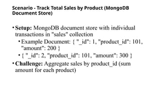 Scenario - Track Total Sales by Product (MongoDB
Document Store)
•Setup: MongoDB document store with individual
transactions in "sales" collection
•Example Document: { "_id": 1, "product_id": 101,
"amount": 200 }
•{ "_id": 2, "product_id": 101, "amount": 300 }
•Challenge: Aggregate sales by product_id (sum
amount for each product)
 