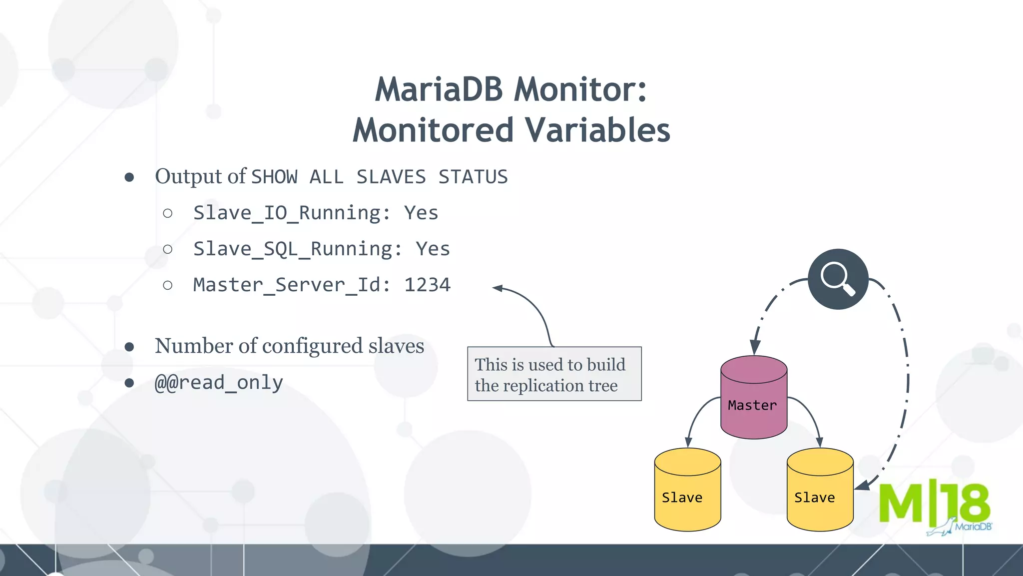 ● Output of SHOW ALL SLAVES STATUS
○ Slave_IO_Running: Yes
○ Slave_SQL_Running: Yes
○ Master_Server_Id: 1234
● Number of configured slaves
● @@read_only
MariaDB Monitor:
Monitored Variables
Master
SlaveSlave
This is used to build
the replication tree
 