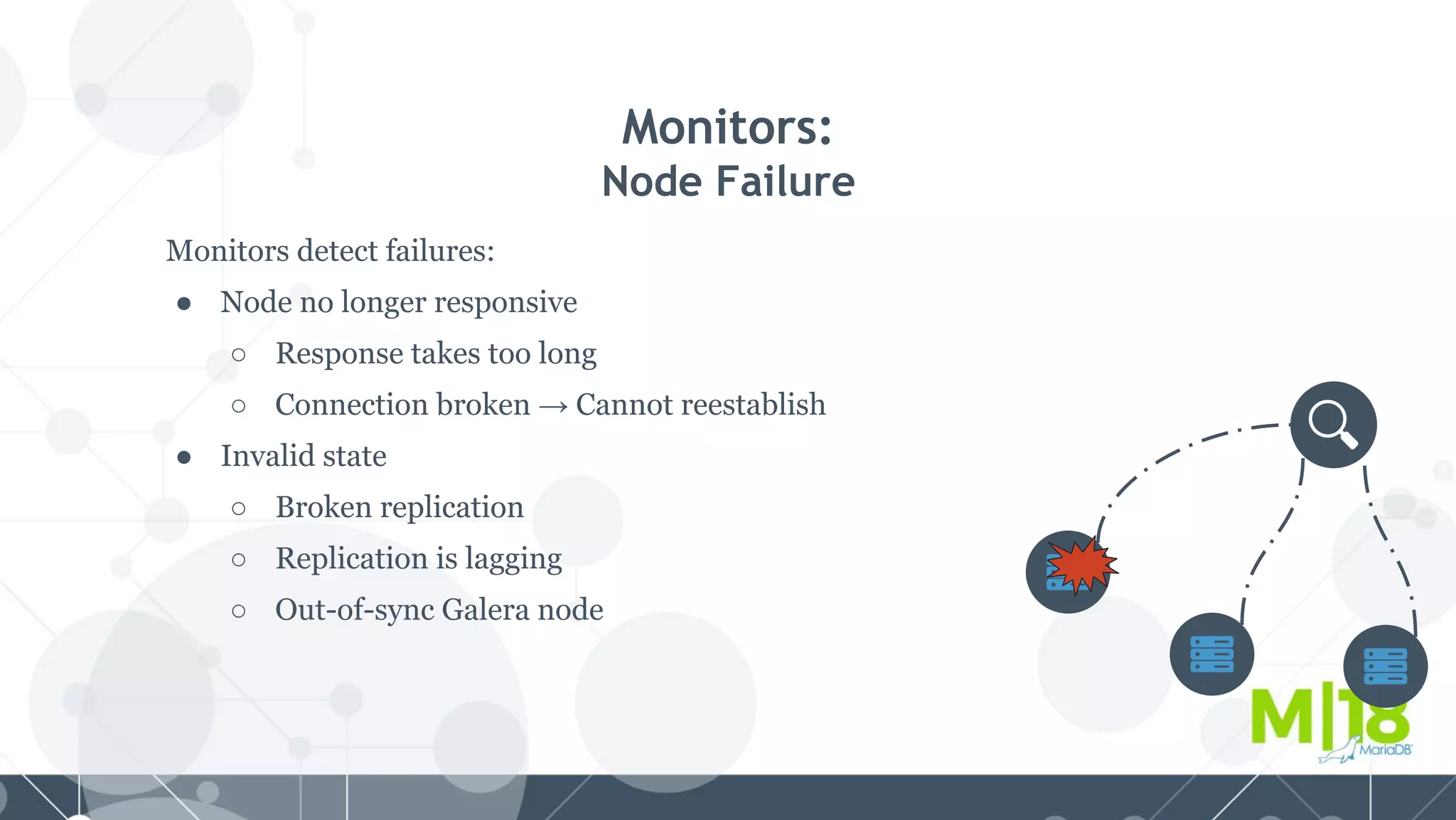 Monitors detect failures:
● Node no longer responsive
○ Response takes too long
○ Connection broken → Cannot reestablish
● Invalid state
○ Broken replication
○ Replication is lagging
○ Out-of-sync Galera node
Monitors:
Node Failure
 