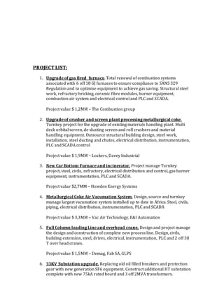 PROJECTLIST:
1. Upgrade of gas fired furnace. Total renewal of combustion systems
associated with 6 off 18 GJ furnaces to ensure compliance to SANS 329
Regulation and to optimise equipment to achieve gas saving. Structural steel
work, refractory bricking, ceramic fibre modules, burner equipment,
combustion air system and electrical control and PLC and SCADA.
Project value $ 1,2MM – The Combustion group
2. Upgrade of crusher and screen plant processing metallurgical coke.
Turnkey project for the upgrade of existing materials handling plant. Multi
deck orbital screen, de-dusting screen and roll crushers and material
handling equipment. Outsource structural building design, steel work,
installation, steel ducting and chutes, electrical distribution, instrumentation,
PLC and SCADA control
Project value $ 1,9MM – Lockers, Davey Industrial
3. New Car Bottom Furnace and incinerator. Project manage Turnkey
project, steel, civils, refractory, electrical distribution and control, gas burner
equipment, instrumentation, PLC and SCADA.
Project value $2,7MM – Howden Energy Systems
4. Metallurgical Coke Air Vacumation System. Design, source and turnkey
manage largest vacumation system installed up to date in Africa. Steel, civils,
piping, electrical distribution, instrumentation, PLC and SCADA
Project value $ 3,3MM – Vac Air Technology, E&I Automation
5. Full Column loading Line and overhead crane. Design and project manage
the design and construction of complete new process line. Design, civils,
building extension, steel, drives, electrical, instrumentation, PLC and 2 off 30
T over head cranes.
Project value $ 1,5MM – Demag, Fab SA, GLPS
6. 33KV Substation upgrade. Replacing old oil filled breakers and protection
gear with new generation SF6 equipment. Construct additional HT substation
complete with new 75kA rated board and 3 off 2MVA transformers.
 