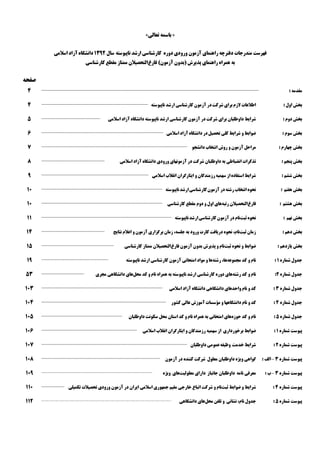 »‫ﺑ‬‫ﺎ‬‫ﺗﻌﺎﻟﻲ‬ ‫ﺳﻤﻪ‬«
‫ﻧﺎﭘﻴﻮﺳﺘﻪ‬ ‫ﺍﺭﺷﺪ‬ ‫ﻛﺎﺭﺷﻨﺎﺳﻲ‬ ‫ﺩﻭﺭﻩ‬ ‫ﻭﺭﻭﺩﻱ‬ ‫ﺁﺯﻣﻮﻥ‬ ‫ﺭﺍﻫﻨﻤﺎﻱ‬ ‫ﺩﻓﺘﺮﭼﻪ‬ ‫ﻣﻨﺪﺭﺟﺎﺕ‬ ‫ﻓﻬﺮﺳﺖ‬‫ﺳﺎﻝ‬۱۳۹۲‫ﺍﺳﻼﻣﻲ‬ ‫ﺁﺯﺍﺩ‬ ‫ﺩﺍﻧﺸﮕﺎﻩ‬
‫ﻓﺎﺭﻍ‬ (‫ﺁﺯﻣﻮﻥ‬ ‫)ﺑﺪﻭﻥ‬ ‫ﭘﺬﻳﺮﺵ‬ ‫ﺭﺍﻫﻨﻤﺎﻱ‬ ‫ﻫﻤﺮﺍﻩ‬ ‫ﺑﻪ‬‫ﻛﺎﺭﺷﻨﺎﺳﻲ‬ ‫ﻣﻘﻄﻊ‬ ‫ﻣﻤﺘﺎﺯ‬ ‫ﺍﻟﺘﺤﺼﻴﻼﻥ‬
‫ﺻﻔﺤﻪ‬
: ‫ﻣﻘﺪﻣﻪ‬۴
: ‫ﺍﻭﻝ‬ ‫ﺑﺨﺶ‬‫ﺁﺯﻣﻮﻥ‬ ‫ﺩﺭ‬‫ﺷﺮﻛﺖ‬ ‫ﺑﺮﺍﻱ‬ ‫ﻻﺯﻡ‬ ‫ﺍﻃﻼﻋﺎﺕ‬‫ﻧﺎﭘﻴﻮﺳﺘﻪ‬ ‫ﺍﺭﺷﺪ‬ ‫ﻛﺎﺭﺷﻨﺎﺳﻲ‬۴
: ‫ﺩﻭﻡ‬ ‫ﺑﺨﺶ‬‫ﺍﺳﻼﻣﻲ‬ ‫ﺁﺯﺍﺩ‬ ‫ﺩﺍﻧﺸﮕﺎﻩ‬ ‫ﻧﺎﭘﻴﻮﺳﺘﻪ‬ ‫ﺍﺭﺷﺪ‬ ‫ﻛﺎﺭﺷﻨﺎﺳﻲ‬ ‫ﺁﺯﻣﻮﻥ‬ ‫ﺩﺭ‬ ‫ﺷﺮﻛﺖ‬ ‫ﺑﺮﺍﻱ‬ ‫ﺩﺍﻭﻃﻠﺒﺎﻥ‬ ‫ﺷﺮﺍﻳﻂ‬۵
: ‫ﺳﻮﻡ‬ ‫ﺑﺨﺶ‬‫ﺍﺳﻼﻣﻲ‬ ‫ﺁﺯﺍﺩ‬ ‫ﺩﺍﻧﺸﮕﺎﻩ‬ ‫ﺩﺭ‬‫ﺗﺤﺼﻴﻞ‬ ‫ﻛﻠﻲ‬ ‫ﺷﺮﺍﻳﻂ‬ ‫ﻭ‬‫ﺿﻮﺍﺑﻂ‬۶
: ‫ﭼﻬﺎﺭﻡ‬ ‫ﺑﺨﺶ‬‫ﺩﺍﻧﺸﺠﻮ‬ ‫ﺍﻧﺘﺨﺎﺏ‬ ‫ﺭﻭﺵ‬ ‫ﻭ‬ ‫ﺁﺯﻣﻮﻥ‬ ‫ﻣﺮﺍﺣﻞ‬۷
‫ﺑ‬: ‫ﭘﻨﺠﻢ‬ ‫ﺨﺶ‬‫ﺍﺳﻼﻣﻲ‬ ‫ﺁﺯﺍﺩ‬ ‫ﺩﺍﻧﺸﮕﺎﻩ‬ ‫ﻭﺭﻭﺩﻱ‬ ‫ﺁﺯﻣﻮﻧﻬﺎﻱ‬ ‫ﺩﺭ‬ ‫ﺷﺮﻛﺖ‬ ‫ﺩﺍﻭﻃﻠﺒﺎﻥ‬ ‫ﺑﻪ‬ ‫ﺍﻧﻀﺒﺎﻃﻲ‬ ‫ﺗﺬﻛﺮﺍﺕ‬۸
‫ﺑﺨﺶ‬: ‫ﺷﺸﻢ‬‫ﺍﺳﻼﻣﻲ‬ ‫ﺍﻧﻘﻼﺏ‬ ‫ﺍﻳﺜﺎﺭﮔﺮﺍﻥ‬ ‫ﻭ‬ ‫ﺭﺯﻣﻨﺪﮔﺎﻥ‬‫ﺳﻬﻤﻴﻪ‬ ‫ﺍﺯ‬‫ﺍﺳﺘﻔﺎﺩﻩ‬ ‫ﺷﺮﺍﻳﻂ‬۹
‫ﺑﺨﺶ‬‫ﻫﻔﺘﻢ‬:‫ﻧﺤﻮﻩ‬‫ﺭﺷﺘﻪ‬ ‫ﺍﻧﺘﺨﺎﺏ‬‫ﺩﺭ‬‫ﻧﺎﭘﻴﻮﺳﺘﻪ‬‫ﺍﺭﺷﺪ‬‫ﻛﺎﺭﺷﻨﺎﺳﻲ‬‫ﺁﺯﻣﻮﻥ‬۱۰
‫ﺑﺨﺶ‬‫ﻫﺸﺘﻢ‬:‫ﻓﺎ‬‫ﺭﻍ‬‫ﺭﺗﺒﻪ‬ ‫ﺍﻟﺘﺤﺼﻴﻼﻥ‬‫ﻛﺎﺭﺷﻨﺎﺳﻲ‬ ‫ﻣﻘﻄﻊ‬ ‫ﺩﻭﻡ‬ ‫ﻭ‬ ‫ﺍﻭﻝ‬ ‫ﻫﺎﻱ‬۱۰
‫ﺑﺨﺶ‬‫ﻧ‬: ‫ﻬﻢ‬‫ﺛﺒﺖ‬ ‫ﻧﺤﻮﻩ‬‫ﻧﺎﭘﻴﻮﺳﺘﻪ‬‫ﺍﺭﺷﺪ‬‫ﻛﺎﺭﺷﻨﺎﺳﻲ‬‫ﺁﺯﻣﻮﻥ‬ ‫ﺩﺭ‬ ‫ﻧﺎﻡ‬۱۱
: ‫ﺩﻫﻢ‬ ‫ﺑﺨﺶ‬‫ﺛﺒﺖ‬ ‫ﺯﻣﺎﻥ‬،‫ﺟﻠﺴﻪ‬ ‫ﺑﻪ‬ ‫ﻭﺭﻭﺩ‬ ‫ﻛﺎﺭﺕ‬ ‫ﺩﺭﻳﺎﻓﺖ‬ ‫ﻧﺤﻮﻩ‬ ،‫ﻧﺎﻡ‬‫ﺯﻣﺎﻥ‬‫ﻧﺘﺎﻳﺞ‬ ‫ﺍﻋﻼﻡ‬ ‫ﻭ‬ ‫ﺁﺯﻣﻮﻥ‬ ‫ﺑﺮﮔﺰﺍﺭﻱ‬۱۴
‫ﺑﺨﺶ‬‫ﻳﺎ‬: ‫ﺯﺩﻫﻢ‬‫ﺛﺒﺖ‬ ‫ﻧﺤﻮﻩ‬ ‫ﻭ‬ ‫ﺿﻮﺍﺑﻂ‬‫ﻓﺎﺭﻍ‬ ‫ﺁﺯﻣﻮﻥ‬ ‫ﺑﺪﻭﻥ‬ ‫ﭘﺬﻳﺮﺵ‬ ‫ﻭ‬ ‫ﻧﺎﻡ‬‫ﻛﺎﺭﺷﻨﺎﺳﻲ‬ ‫ﻣﻤﺘﺎﺯ‬ ‫ﺍﻟﺘﺤﺼﻴﻼﻥ‬۱۵
‫ﺷﻤﺎﺭﻩ‬ ‫ﺟﺪﻭﻝ‬۱:‫ﻛﺪ‬ ‫ﻭ‬ ‫ﻧﺎﻡ‬‫ﻣﺠﻤﻮﻋﻪ‬،‫ﻫﺎ‬‫ﺭﺷﺘﻪ‬‫ﻧﺎﭘﻴﻮﺳﺘﻪ‬ ‫ﺍﺭﺷﺪ‬ ‫ﻛﺎﺭﺷﻨﺎﺳﻲ‬ ‫ﺁﺯﻣﻮﻥ‬ ‫ﺍﻣﺘﺤﺎﻧﻲ‬ ‫ﻣﻮﺍﺩ‬ ‫ﻭ‬ ‫ﻫﺎ‬۱۹
‫ﺷﻤﺎﺭﻩ‬ ‫ﺟﺪﻭﻝ‬۲:‫ﺭﺷﺘﻪ‬ ‫ﻛﺪ‬ ‫ﻭ‬ ‫ﻧﺎﻡ‬‫ﻣﺤﻞ‬ ‫ﻛﺪ‬ ‫ﻭ‬ ‫ﻧﺎﻡ‬ ‫ﻫﻤﺮﺍﻩ‬ ‫ﺑﻪ‬ ‫ﻧﺎﭘﻴﻮﺳﺘﻪ‬ ‫ﺍﺭﺷﺪ‬ ‫ﻛﺎﺭﺷﻨﺎﺳﻲ‬ ‫ﺩﻭﺭﻩ‬ ‫ﻫﺎﻱ‬‫ﻣﺠﺮﻱ‬ ‫ﺩﺍﻧﺸﮕﺎﻫﻲ‬ ‫ﻫﺎﻱ‬۵۳
‫ﺷﻤﺎﺭﻩ‬ ‫ﺟﺪﻭﻝ‬۳:‫ﺍﺳﻼﻣﻲ‬ ‫ﺁﺯﺍﺩ‬ ‫ﺩﺍﻧﺸﮕﺎﻩ‬ ‫ﺩﺍﻧﺸﮕﺎﻫﻲ‬ ‫ﻭﺍﺣﺪﻫﺎﻱ‬ ‫ﻧﺎﻡ‬ ‫ﻭ‬ ‫ﻛﺪ‬۱۰۳
‫ﺷﻤﺎﺭﻩ‬ ‫ﺟﺪﻭﻝ‬۴:‫ﻛﺸﻮﺭ‬ ‫ﻋﺎﻟﻲ‬ ‫ﺁﻣﻮﺯﺵ‬ ‫ﻣﺆﺳﺴﺎﺕ‬ ‫ﻭ‬ ‫ﺩﺍﻧﺸﮕﺎﻫﻬﺎ‬ ‫ﻧﺎﻡ‬ ‫ﻭ‬ ‫ﻛﺪ‬۱۰۴
‫ﺷﻤﺎﺭﻩ‬ ‫ﺟﺪﻭﻝ‬۵:‫ﺣﻮﺯﻩ‬ ‫ﻛﺪ‬ ‫ﻭ‬ ‫ﻧﺎﻡ‬‫ﺩﺍﻭﻃﻠﺒﺎﻥ‬ ‫ﺳﻜﻮﻧﺖ‬ ‫ﻣﺤﻞ‬ ‫ﺍﺳﺘﺎﻥ‬ ‫ﻛﺪ‬ ‫ﻭ‬ ‫ﻧﺎﻡ‬ ‫ﻫﻤﺮﺍﻩ‬ ‫ﺑﻪ‬ ‫ﺍﻣﺘﺤﺎﻧﻲ‬ ‫ﻫﺎﻱ‬۱۰۵
‫ﺷﻤﺎﺭﻩ‬ ‫ﭘﻴﻮﺳﺖ‬۱:‫ﺑﺮﺧﻮﺭﺩﺍﺭﻱ‬ ‫ﺿﻮﺍﺑﻂ‬‫ﺍﺳﻼﻣﻲ‬ ‫ﺍﻧﻘﻼﺏ‬ ‫ﺍﻳﺜﺎﺭﮔﺮﺍﻥ‬ ‫ﻭ‬ ‫ﺭﺯﻣﻨﺪﮔﺎﻥ‬ ‫ﺳﻬﻤﻴﻪ‬ ‫ﺍﺯ‬۱۰۶
‫ﺷﻤﺎﺭﻩ‬ ‫ﭘﻴﻮﺳﺖ‬۲:‫ﺩﺍﻭﻃﻠﺒﺎﻥ‬ ‫ﻋﻤﻮﻣﻲ‬‫ﻭﻇﻴﻔﻪ‬ ‫ﺧﺪﻣﺖ‬ ‫ﺷﺮﺍﻳﻂ‬۱۰۷
‫ﺷﻤﺎﺭﻩ‬ ‫ﭘﻴﻮﺳﺖ‬۳–‫ﺍﻟﻒ‬:‫ﻣﻌﻠﻮﻝ‬ ‫ﺩﺍﻭﻃﻠﺒﺎﻥ‬ ‫ﻭﻳﮋﻩ‬ ‫ﮔﻮﺍﻫﻲ‬‫ﺁﺯﻣﻮﻥ‬ ‫ﺩﺭ‬ ‫ﻛﻨﻨﺪﻩ‬ ‫ﺷﺮﻛﺖ‬۱۰۸
‫ﺷﻤﺎﺭﻩ‬ ‫ﭘﻴﻮﺳﺖ‬۳–: ‫ﺏ‬‫ﻧﺎﻣﻪ‬ ‫ﻣﻌﺮﻓﻲ‬‫ﺩﺍﻭﻃﻠﺒﺎﻥ‬‫ﺟﺎﻧﺒﺎﺯ‬‫ﻣﻌﻠﻮﻟﻴﺖ‬ ‫ﺩﺍﺭﺍﻱ‬‫ﻭﻳﮋﻩ‬ ‫ﻫﺎﻱ‬۱۰۹
‫ﺷﻤﺎﺭﻩ‬ ‫ﭘﻴﻮﺳﺖ‬۴:‫ﺛﺒﺖ‬ ‫ﺿﻮﺍﺑﻂ‬ ‫ﻭ‬ ‫ﺷﺮﺍﻳﻂ‬‫ﺗﻜﻤ‬ ‫ﺗﺤﺼﻴﻼﺕ‬ ‫ﻭﺭﻭﺩﻱ‬ ‫ﺁﺯﻣﻮﻥ‬ ‫ﺩﺭ‬ ‫ﺍﻳﺮﺍﻥ‬ ‫ﺍﺳﻼﻣﻲ‬ ‫ﺟﻤﻬﻮﺭﻱ‬ ‫ﻣﻘﻴﻢ‬ ‫ﺧﺎﺭﺟﻲ‬ ‫ﺍﺗﺒﺎﻉ‬ ‫ﺷﺮﻛﺖ‬ ‫ﻭ‬ ‫ﻧﺎﻡ‬‫ﻴﻠﻲ‬۱۱۰
‫ﺷﻤﺎﺭﻩ‬ ‫ﭘﻴﻮﺳﺖ‬۵:‫ﺗﻠﻔﻦ‬ ‫ﻭ‬ ‫ﻧﺸﺎﻧﻲ‬ ،‫ﻧﺎﻡ‬ ‫ﺟﺪﻭﻝ‬‫ﻣﺤﻞ‬‫ﻫﺎﻱ‬‫ﺩﺍﻧﺸﮕﺎﻫﻲ‬۱۱۲
 