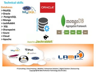 Databases
MySQL
Oracle
 PostgreSQL
Mongo
JackRabbit
 SQL
Sharepoint
Azure
Cloud
Apache
Technical skills
IT Consulting | Cloud Hosting | Mobility | Enterprises Solution | Digital Solution |Outsourcing
Copyright@VB Web Perfection Technology (P) LTD-2011
 