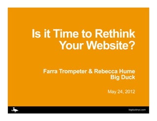 Is it Time to Rethink
       Your Website?

  Farra Trompeter & Rebecca Hume
                         Big Duck

                       May 24, 2012


                                bigducknyc.com
 