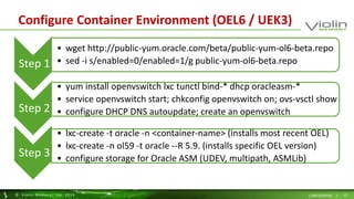 Configure Container Environment (OEL6 / UEK3) 
Step 1 
• wget http://public-yum.oracle.com/beta/public-yum-ol6-beta.repo 
• sed -i s/enabled=0/enabled=1/g public-yum-ol6-beta.repo 
Step 2 
• yum install openvswitch lxc tunctl bind-* dhcp oracleasm-* 
• service openvswitch start; chkconfig openvswitch on; ovs-vsctl show 
• configure DHCP DNS autoupdate; create an openvswitch 
Step 3 
• lxc-create -t oracle -n <container-name> (installs most recent OEL) 
• lxc-create -n ol59 -t oracle --R 5.9. (installs specific OEL version) 
• configure storage for Oracle ASM (UDEV, multipath, ASMLib) 
© Viol in Memory, Inc . 2014 CONFIDENTIAL | 15 
 