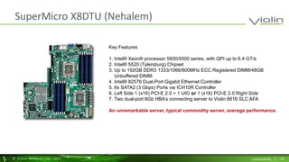 SuperMicro X8DTU (Nehalem) 
Key Features 
1. Intel® Xeon® processor 5600/5500 series, with QPI up to 6.4 GT/s 
2. Intel® 5520 (Tylersburg) Chipset 
3. Up to 192GB DDR3 1333/1066/800MHz ECC Registered DIMM/48GB 
Unbuffered DIMM 
4. Intel® 82576 Dual-Port Gigabit Ethernet Controller 
5. 6x SATA2 (3 Gbps) Ports via ICH10R Controller 
6. Left Side 1 (x16) PCI-E 2.0 + 1 UIO or 1 (x16) PCI-E 2.0 Right Side 
7. Two dual-port 8Gb HBA’s connecting server to Violin 6616 SLC AFA 
An unremarkable server, typical commodity server, average performance. 
© Viol in Memory, Inc . 2014 CONFIDENTIAL | 28 
 