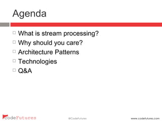 Agenda
¨  What is stream processing?
¨  Why should you care?
¨  Architecture Patterns
¨  Technologies
¨  Q&A
 