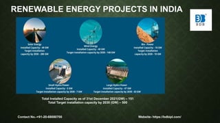 RENEWABLE ENERGY PROJECTS IN INDIA
Total Installed Capacity as of 31st December 2021(GW) – 151
Total Target installation capacity by 2030 (GW) – 500
Contact No.-+91-20-68680700 Website- https://bdbipl.com/
 