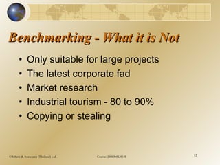 ©Robere & Associates (Thailand) Ltd. Course: 20BDMK.01-S 12
Benchmarking - What it is NotBenchmarking - What it is Not
• Only suitable for large projects
• The latest corporate fad
• Market research
• Industrial tourism - 80 to 90%
• Copying or stealing
 