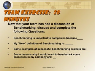 ©Robere & Associates (Thailand) Ltd. Course: 20BDMK.01-S 16
Team exercise: 20Team exercise: 20
MinutesMinutes
Now that your team has had a discussion of
Benchmarking, discuss and complete the
following Questions:
• Benchmarking is important to companies because____
• My "New" definition of Benchmarking is: _____
• Some examples of successful benchmarking projects are:
• Some reasons why I would want to benchmark some
processes in my company are: __
 