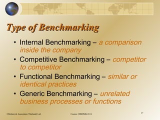 ©Robere & Associates (Thailand) Ltd. Course: 20BDMK.01-S 17
Type of BenchmarkingType of Benchmarking
• Internal Benchmarking – a comparison
inside the company
• Competitive Benchmarking – competitor
to competitor
• Functional Benchmarking – similar or
identical practices
• Generic Benchmarking – unrelated
business processes or functions
 